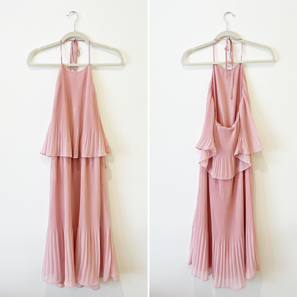 Halston Heritage Pleated Blouson Layered Halter Neck Backless Midi Party Dress 6 - Picture 2 of 4
